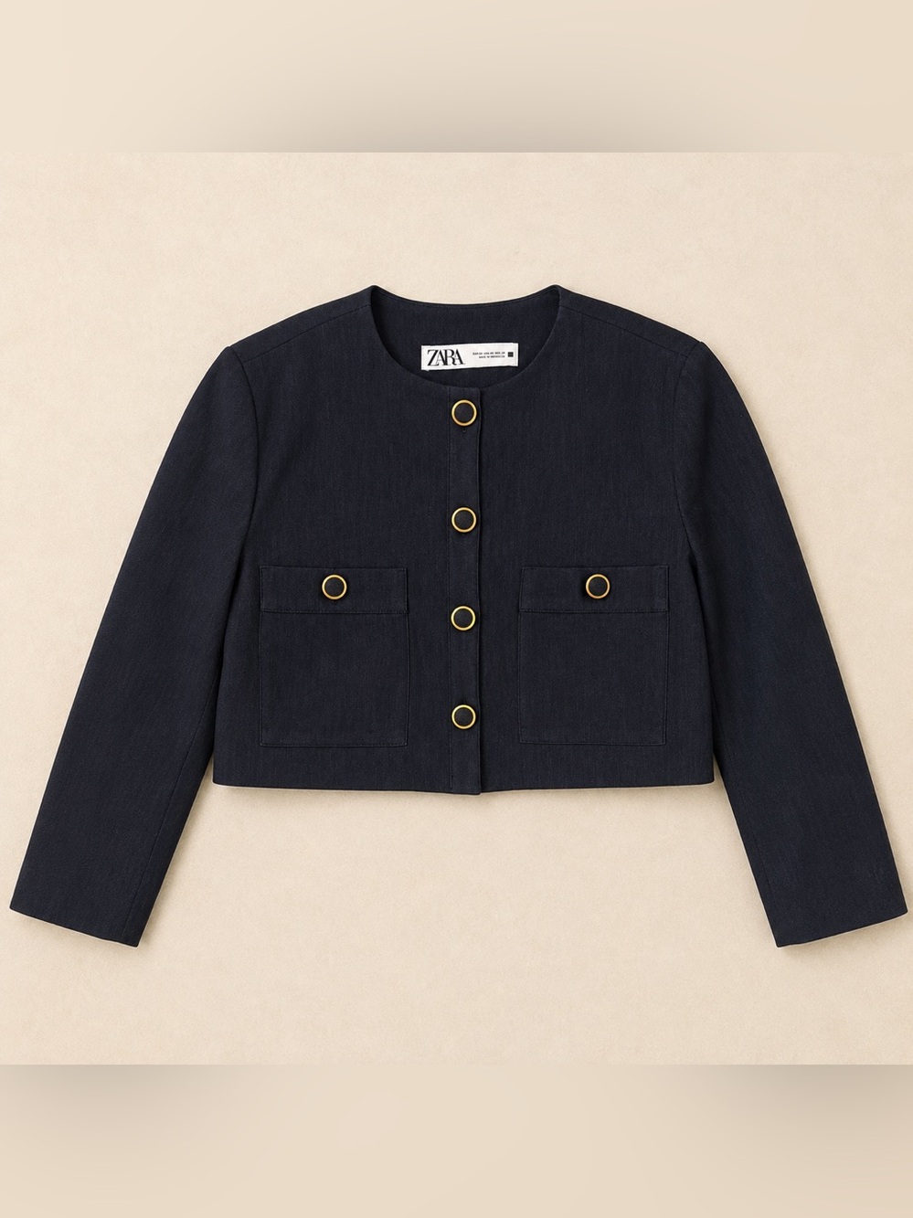 Zara Indigo Blue Cropped Jacket XS Gold Ring Buttons Patch Pockets Cotton Blend